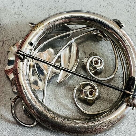 Vintage Sterling Silver Red Stone Floral Brooch Screw Back Earrings Set - Picture 9 of 13